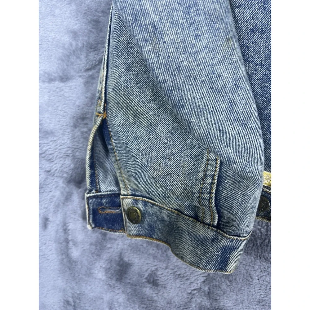 Windbreaker Vintage Denim Jacket XL Tapestry Panels Acid Wash Blue Yellow Trim